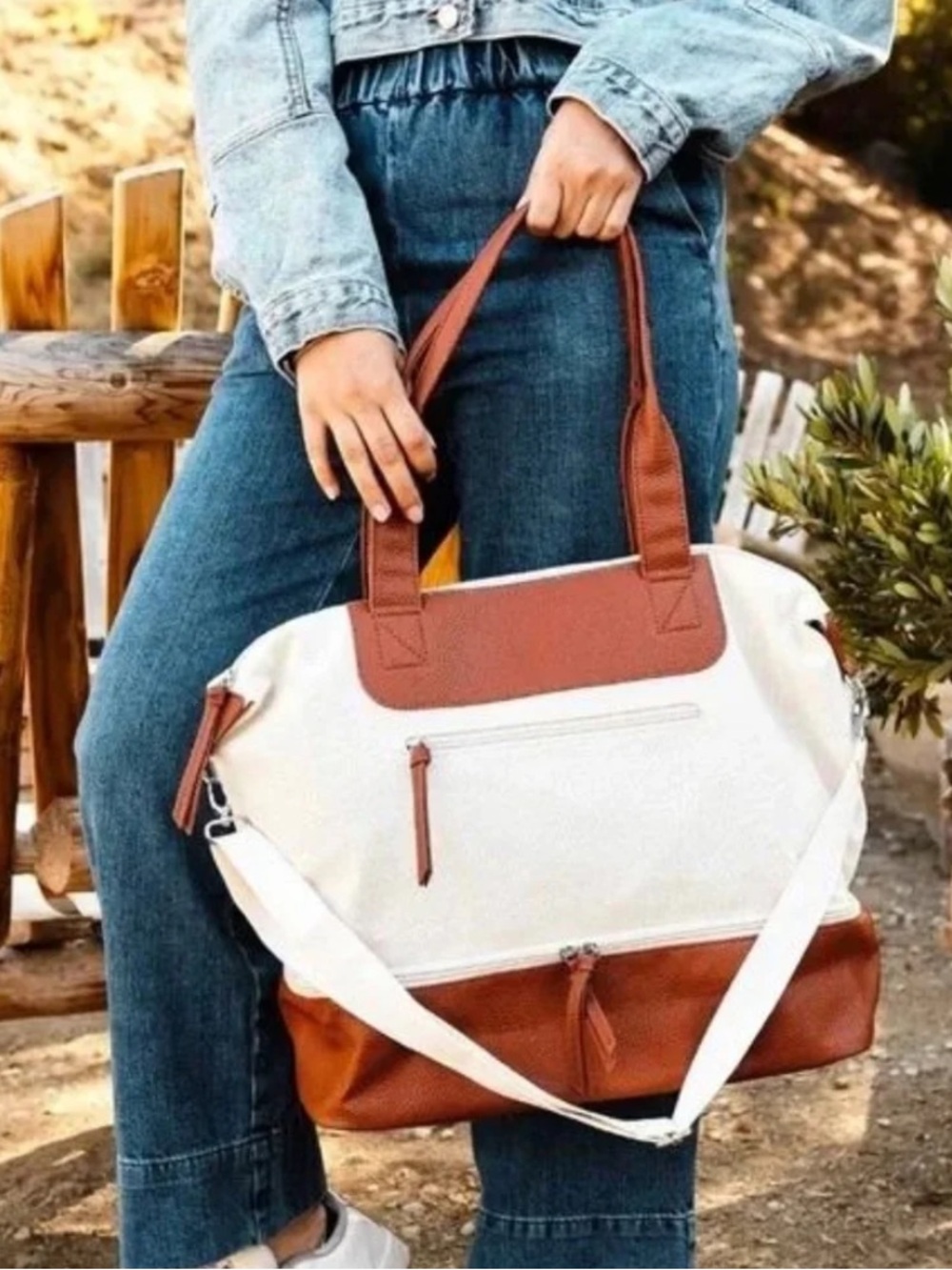 Graf Lantz Canvas & Faux Leather Weekender Travel Tote in Cream and Brown